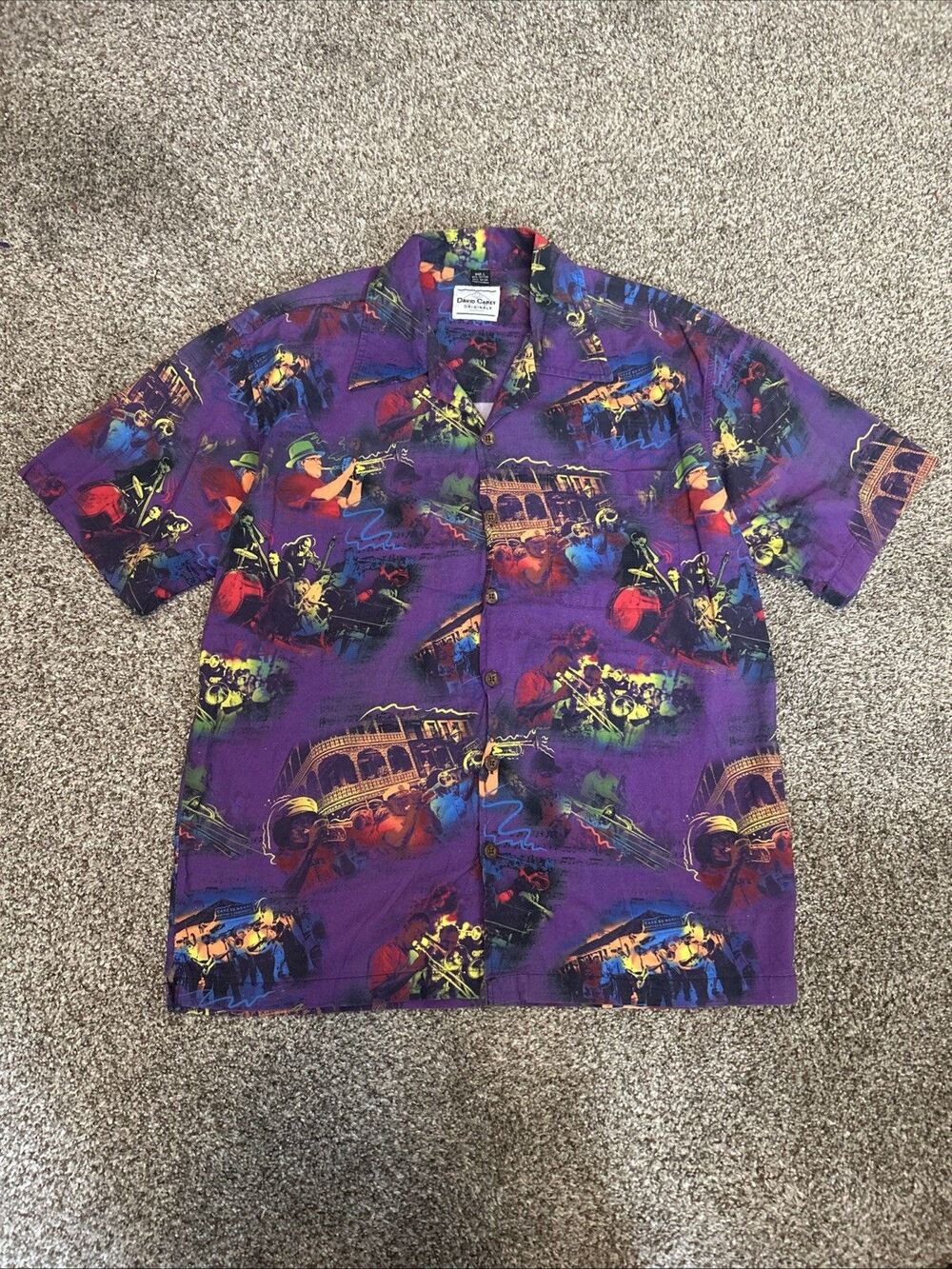 David Carey Originals Shirt Large Purple Jazz New Orleans Print Button Up